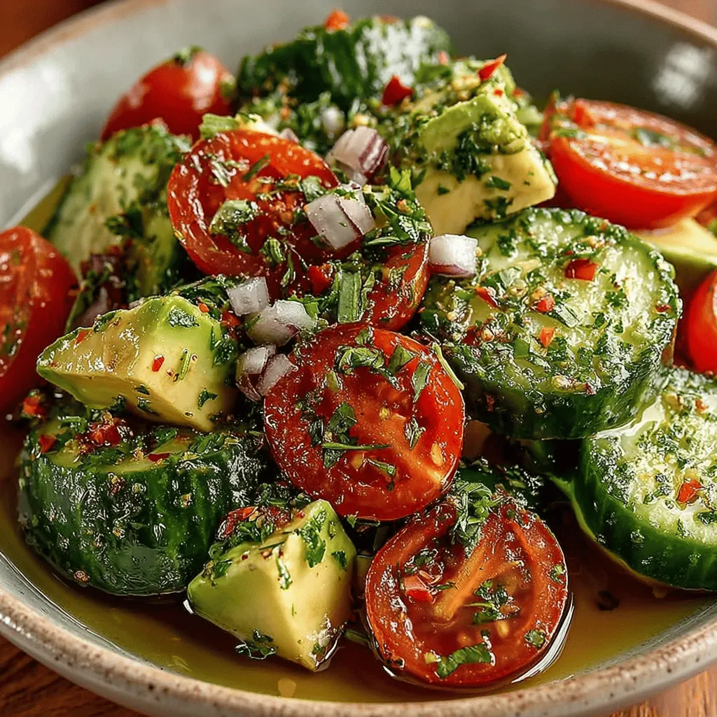 Der Erfrischende Cucumber-Tomaten-Avocado-Salat ist nicht nur eine wahre Augenweide, sondern auch eine köstliche und gesunde Option für jede Gelegenheit. Mit seiner bunten Mischung aus knackigen Gurken, saftigen Kirschtomaten und cremiger Avocado bringt dieser Salat frische Aromen auf jeden Tisch und ist perfekt für warme Sommertage oder als Beilage zu Grillfesten. Dank der einfachen Zubereitung und der gesunden Zutaten ist er zudem ein Hit bei Gesundheitsbewussten und Feinschmeckern gleichermaßen.